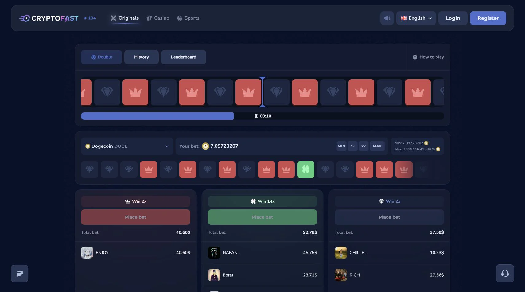 Double - real-time рулетка, історія ставок і три групи виплат